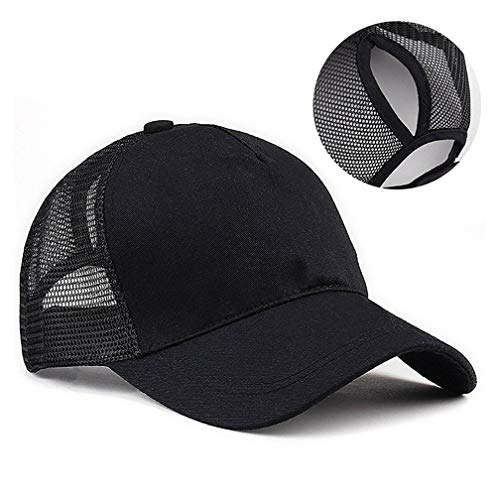 TMEOG Gorra de BéIsbol para Mujer, Gorra de Media Cola de Caballo Ajustable Transpirable Secado Rápido Gorra Deportiva Sombrero para Correr (Negro)