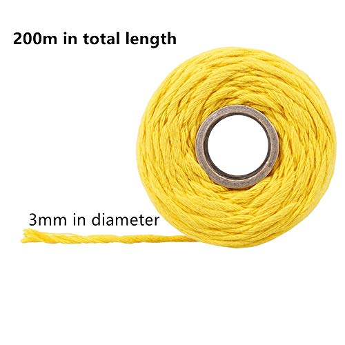 TOKERD 200m Cordel de Macramé Amarillo 3mm Cordón de Algodón Natural Mano Craft Cuerda Hilo Macramé para Manualidades Envolver Regalo Navidad Colgar Fotos Costura