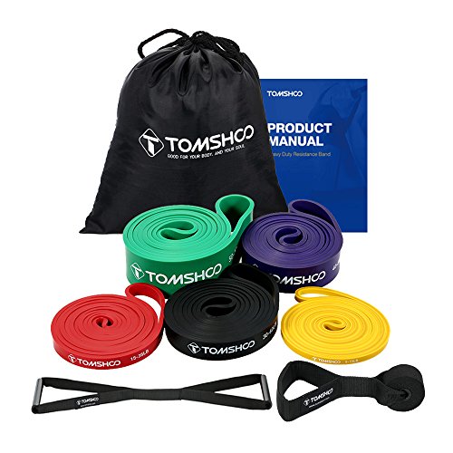 TOMSHOO Bandas de Resistencia Elástica, Set de 5pcs Pull Up Bands 1 Anclaje de Puerta 1 Manija, Bandas Elásticas de Fitness de Caucho Natural para Yoga, Pilates, Entrenamiento de Fuerza Muscular