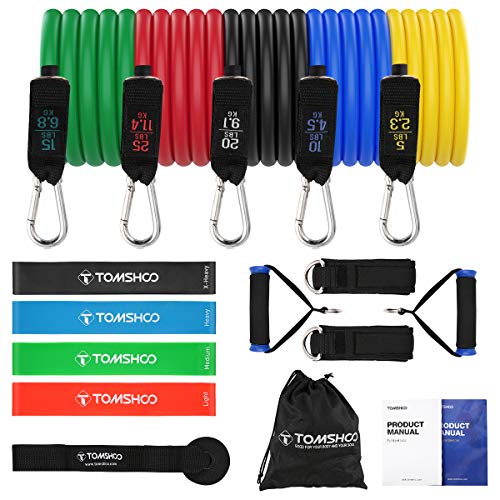 TOMSHOO Bandas Elásticas Resistencia Juego de 17, Bandas Elasticas Fitness con Manijas,Ancla de Puerta,Correas de Tobillo para Entrenamiento Fisioterapia Yoga Pilates