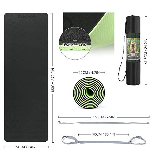 TOMSHOO Esterilla de Gimnasia Antideslizante Doble Color, Esterilla de Entrenamiento de Yoga TPE, Esterilla de Fitness sin Ftalatos y Correa para el Hombro para Yoga, Pilates, Gimnasia 183x61x0.6cm