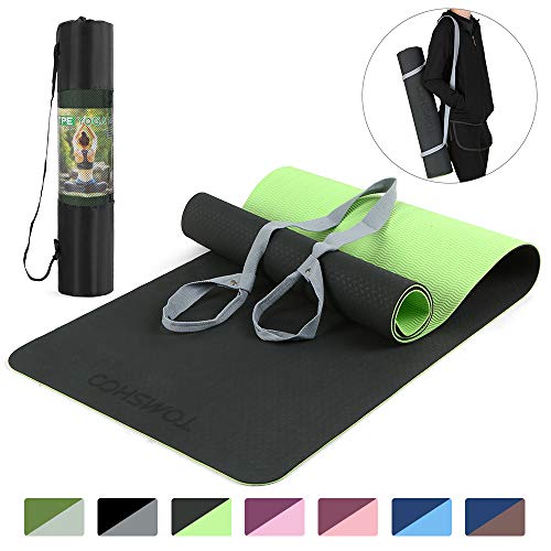 TOMSHOO Esterilla de Gimnasia Antideslizante Doble Color, Esterilla de Entrenamiento de Yoga TPE, Esterilla de Fitness sin Ftalatos y Correa para el Hombro para Yoga, Pilates, Gimnasia 183x61x0.6cm