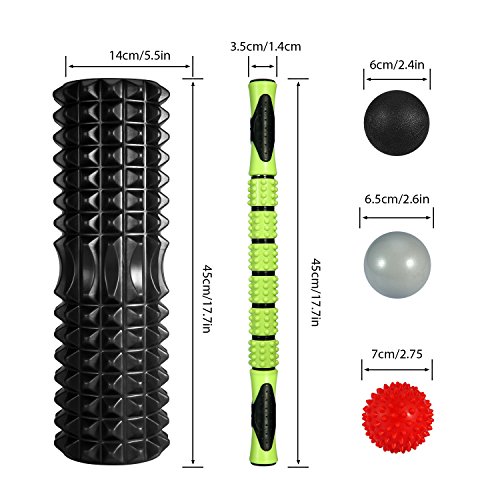 TOMSHOO Foam Roller Kit, 6 en 1 Kit de Rodillo Masaje Muscular con Rodillos de Espuma, Roller Stick, Bolas Masaje y Spiky Ball, Rodillo de Espuma para Pies y Espalda Pierna Fitness (Negro)