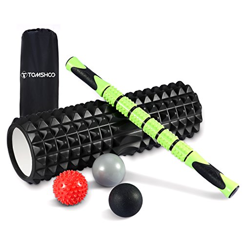 TOMSHOO Foam Roller Kit, 6 en 1 Kit de Rodillo Masaje Muscular con Rodillos de Espuma, Roller Stick, Bolas Masaje y Spiky Ball, Rodillo de Espuma para Pies y Espalda Pierna Fitness (Negro)