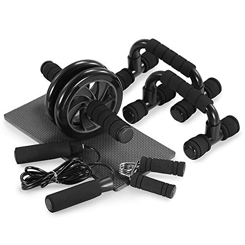 TOMSHOO Juego de Rodillos de Ruedas 5 en 1 Rueda Abdominal + Push Up Bars+ Cuerda para Saltar +Fortalecedor de Mano con Esterilla Deporte, Gimnasio en Ejercicio en Casa de Fitness Abdominales Negro