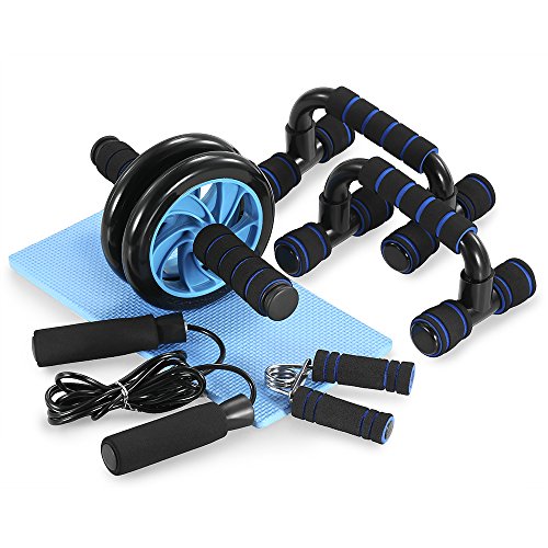 TOMSHOO Juego de Rodillos de Ruedas 5 en 1 Rueda Abdominal + Push Up Bars+ Cuerda para Saltar +Fortalecedor de Mano con Rodilla Mat Entrenamiento en Casa para Ejercicios de Fitness Culturismo