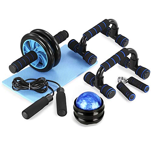 TOMSHOO Juego de Rodillos de Ruedas 6 en 1 Rueda Abdominal + Push Up Bars+ Cuerda para Saltar +Fortalecedor de Mano con Esterilla Deporte, Gimnasio en Ejercicio en Casa de Fitness Abdominales