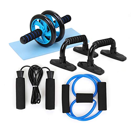 TOMSHOO Rueda Abdominales Fitness Kit,AB Roller y Esterilla Antideslizante para Rodillas Fitness Aparatos para el Hogar Aparatos Portátiles para Entrenamiento de Fuerza Muscular Fitness (5 en 1 Azul)