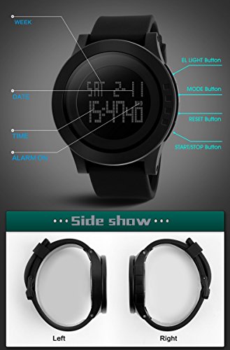 TONSHEN LED Digital Electrónica Gran Dial 5ATM Resistente al Agua Deportivo Al Aire Libre Relojes de Pulsera Hombre, Militares Multifuncional Calendario Cronómetro Reloj Mujer - Negro