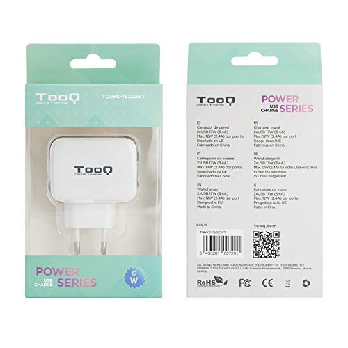 TooQ TQWC-1S02WT - Cargador de pared con 2 x USB (5V - 3.4 A, 17 W), con tecnologia AiPower, para iPad / iPhone / Samsung / Tablets / Smartphones, color BLANCO