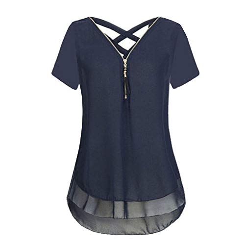 TOPKEAL Camisas Mujer Manga Corta Sueltan Gasa Tanque De El Verano Blusas Mujeres Cuello En V Dobladillo Scoop Tops Camisetas Casual Moda 2019 (Armada, M)