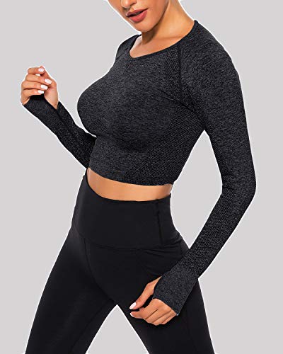 Tops Yoga Camiseta Deportiva Sin Costura Mangas Larga Fitness Mujer Gimnasio #2 Top Negro S