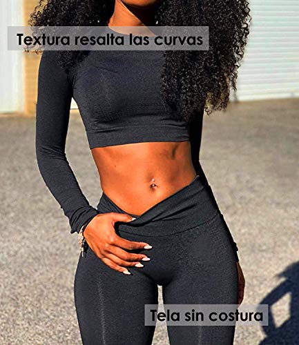 Tops Yoga Camiseta Deportiva Sin Costura Mangas Larga Fitness Mujer Gimnasio #2 Top Negro S