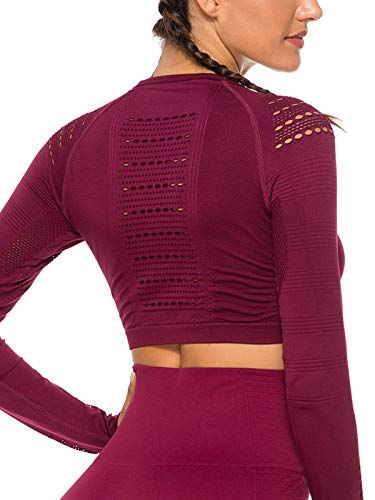 Tops Yoga Camiseta Deportiva Sin Costura Mangas Larga Fitness Mujer Gimnasio2240 Rojo L