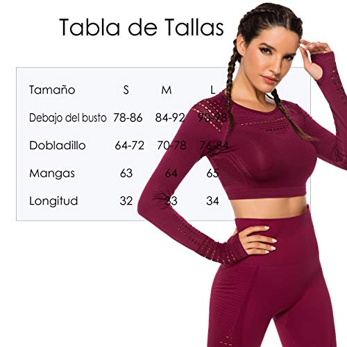 Tops Yoga Camiseta Deportiva Sin Costura Mangas Larga Fitness Mujer Gimnasio2240 Rojo L