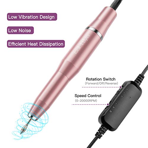 Torno para Uñas, Lima Eléctrica para Uñas, Carttiya Torno Manicura y Pedicura Profesional, Taladro para Uñas Acrilico, Tornos Uñas con 6 Brocas y 36 Bandas de Lijado, USB Portátil, 0-20000RPM… (Rosa)