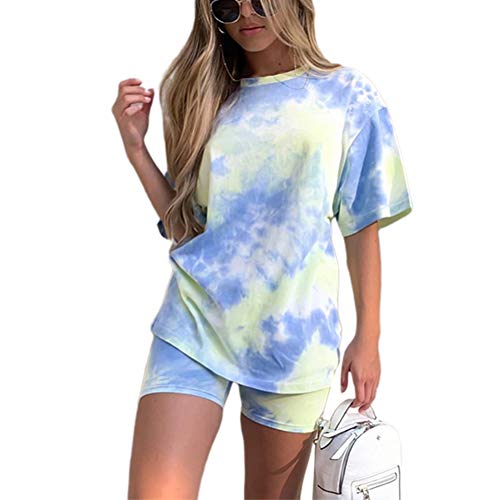 Trajes de chándal de 2 Piezas para Mujer Trajes de Tie Dye Conjunto Suelto de salón Corto Ropa de Dormir Casual Camiseta + Pantalones (Blue, S)