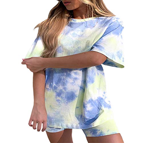 Trajes de chándal de 2 Piezas para Mujer Trajes de Tie Dye Conjunto Suelto de salón Corto Ropa de Dormir Casual Camiseta + Pantalones (Blue, S)