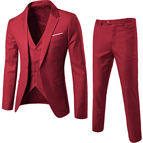 Trajes para hombre, 3 piezas, versión ajustada, para boda, formal, para hombre, chaquetas, negocios, casuales, trajes, un solo botón Color rojo vino. XXXXL