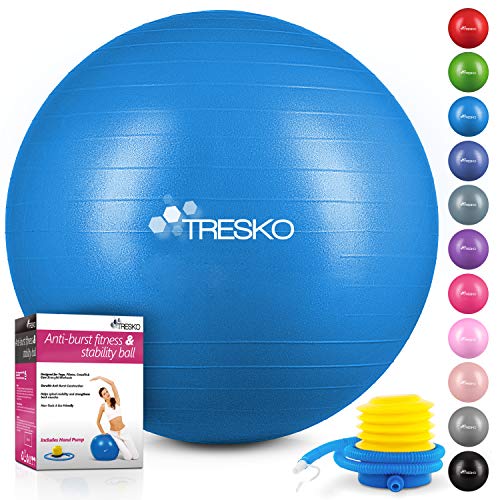 TRESKO® Pelota de Gimnasia Anti-Reventones | Bola de Yoga Pilates y Ejercicio | Balón para Sentarse | Balon de Ejercicio para Fitness | 300 kg | con Bomba de Aire | Azul | 75cm
