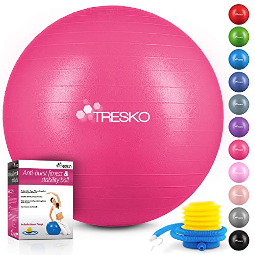 TRESKO® Pelota de Gimnasia Anti-Reventones | Bola de Yoga Pilates y Ejercicio | Balón para Sentarse | Balon de Ejercicio para Fitness | 300 kg | con Bomba de Aire | Rosa | 65cm