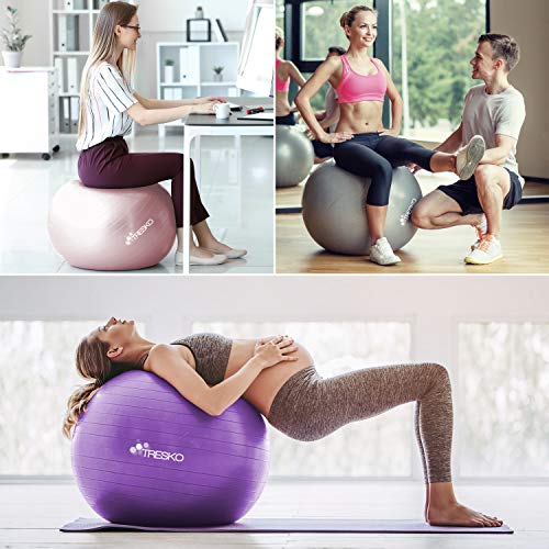 TRESKO® Pelota de Gimnasia Anti-Reventones | Bola de Yoga Pilates y Ejercicio | Balón para Sentarse | Balon de Ejercicio para Fitness | 300 kg | con Bomba de Aire | Púrpura | 65cm