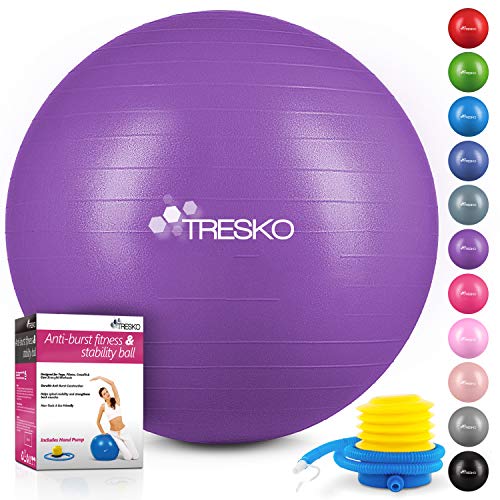 TRESKO® Pelota de Gimnasia Anti-Reventones | Bola de Yoga Pilates y Ejercicio | Balón para Sentarse | Balon de Ejercicio para Fitness | 300 kg | con Bomba de Aire | Púrpura | 65cm