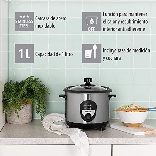 Tristar RK-6126 - Arrocera, Capacidad 1 litro, Función para Mantener el Calor, Apagado Automático, Incluye Taza Medidora, Espátula y Cuchara, 400 W