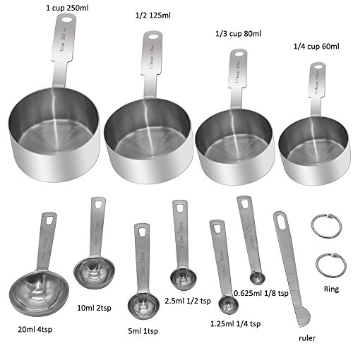 Troodon Set de Tazas y cucharas medidoras, Acero Inoxidable para Servicio Pesado, Juego de 12, Medidas grabadas - para Ingredientes líquidos y Secos