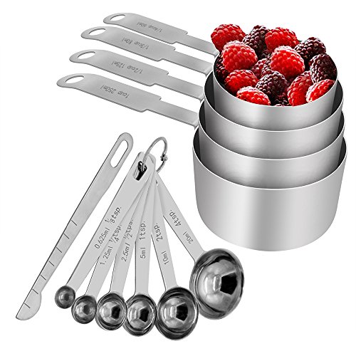 Troodon Set de Tazas y cucharas medidoras, Acero Inoxidable para Servicio Pesado, Juego de 12, Medidas grabadas - para Ingredientes líquidos y Secos