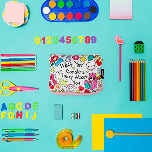 Trousse pour filles / garçons Fringoo® avec fermeture à glissière pour accessoires école de 22 x 15 cm. Large What Doodles Say - Neoprene Pencil Case