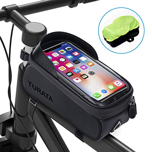 TURATA Bolsas de Bicicleta, Bolsa Impermeable para Bicicleta, Bolsa Táctil de Tubo Superior Delantero con Orificio para Auriculares para Teléfono Inteligente por Debajo de 6,5 Pulgadas (Negro)