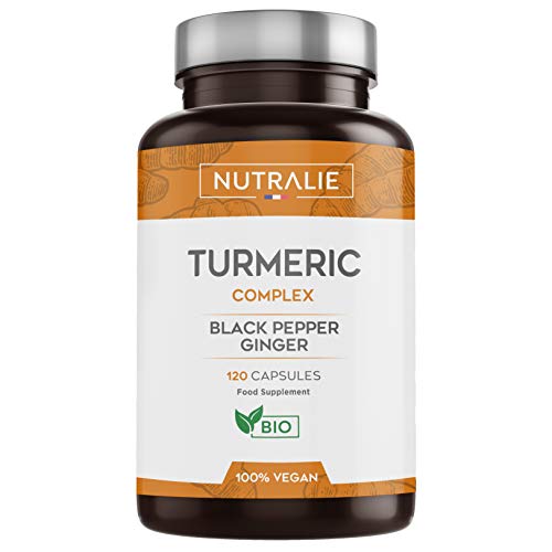 Turmeric Cúrcuma orgánica(650mg) con Jengibre(50mg) y Pimienta Negra(10mg) | 120 cápsulas vegetales | Máxima calidad | Potente antiinflamatorio y antioxidante natural | Cúrcuma complex | Nutralie