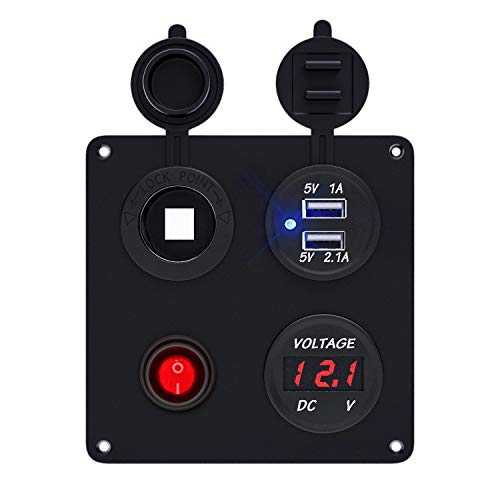 TurnRaise Impermeable USB Cargador + Voltímetro Digital LED + Interruptor + Encendedor de Cigarrillos para Coche Barco.