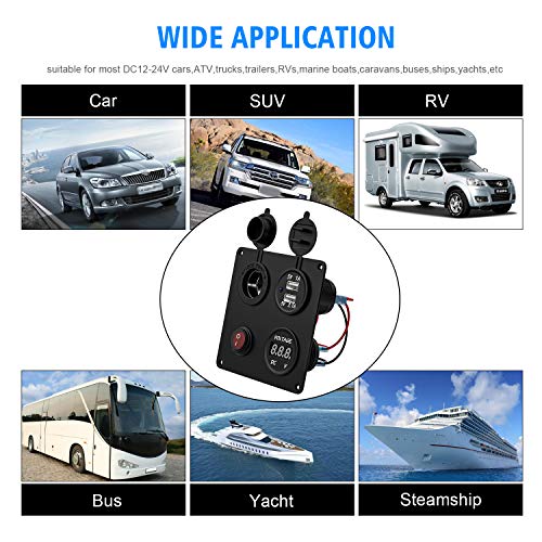 TurnRaise Impermeable USB Cargador + Voltímetro Digital LED + Interruptor + Encendedor de Cigarrillos para Coche Barco.