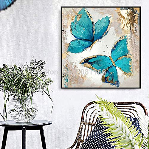 Turquesa pintura al óleo lienzo abstracto mariposa azul moderno decorativo pared arte sala decoración