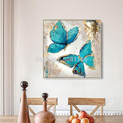 Turquesa pintura al óleo lienzo abstracto mariposa azul moderno decorativo pared arte sala decoración