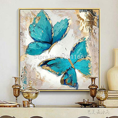 Turquesa pintura al óleo lienzo abstracto mariposa azul moderno decorativo pared arte sala decoración