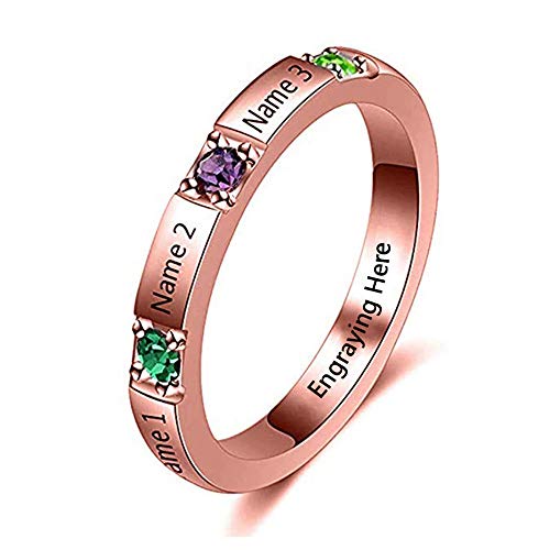 TWinkle Joyas Personalizadas con Nombre Grabado en el Anillo de Piedra Natal para Mujeres Anillo para Madres con 3 Nombres(Oro rosa-16)