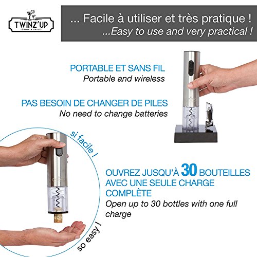 Twinz'up - Sacacorchos Eléctrico Inalámbrico - Estuche Premium con Cortador de Cápsulas y Base de Recarga - Profesional Automatico Abrelatas de Vino - El Regalo Ideal - Abridor Botellas - Plata