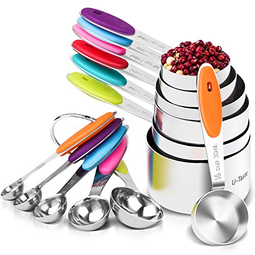 U-Taste 12 Piezas Cucharas Medidoras Tazas Medidoras Acero Inoxidable 18/8, 7 Tazas Medidoras + 5 Cucharas Medidoras Juegos de Cucharas Medidoras Silicona Antideslizante Utensilios de Cocina