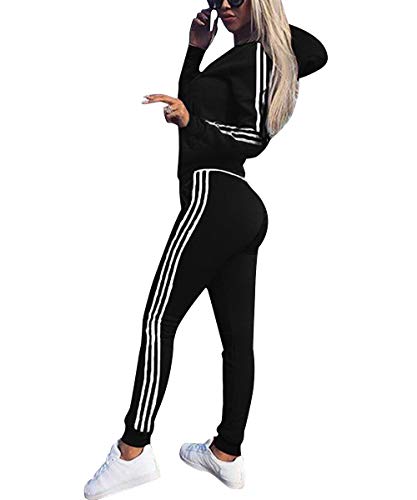 udaderas Mujer Conjunto de Chándal de Mujer Camisas Fitness Manga Larga Casual Jersey Chaqueta Hoodie&Pantalones (Negro, X-Large)