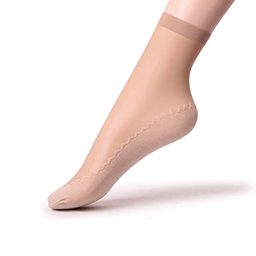 Ueither 12 pares de mujeres sedoso antideslizante de algodón único escarpado tobillo alta medias calcetería calcetines Dedo del pie reforzado (6 Pares Negro 6 Pares Beige)