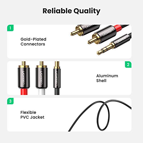 UGREEN Cable Audio Estéreo Jack 3,5mm a 2RCA, Cable Minijack 3,5mm a 2 RCA Macho a Macho con Conector Metálico para Móvil iPhone iPod Smart TV Reproductor MP3 Tablet PC Amplificador Altavoz, 1Metros