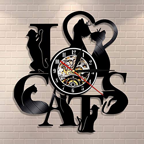 UIOLK Me Encanta el Reloj de Pared de Gato Reloj de Disco de Vinilo de Gato Negro Divertido Gato Gatito Arte de la Pared Regalo de Calentamiento de la casa Vintage para los Amantes de los Gatos