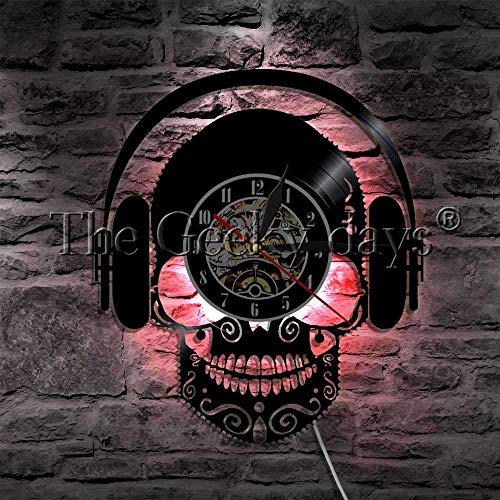 UIOLK Reloj de Pared con Disco de Vinilo de Calavera con Auriculares Escuchando música, con iluminación LED lámpara de decoración de Calavera Hippie