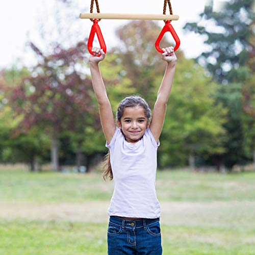 Ulikey Multifunción Columpios de Cadena de Alta Resistencia para Niños, Trapecio con Anillos, Columpio Trapecio de Madera de Árbol para Exterior e Interior de la Gimnasia Soporta hasta 120 kg (Rojo)