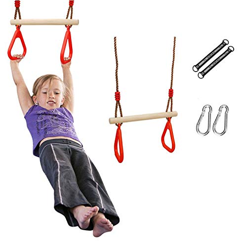 Ulikey Multifunción Columpios de Cadena de Alta Resistencia para Niños, Trapecio con Anillos, Columpio Trapecio de Madera de Árbol para Exterior e Interior de la Gimnasia Soporta hasta 120 kg (Rojo)