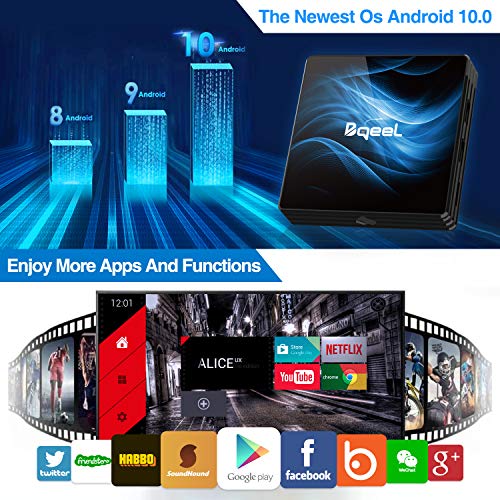 Última Versión Android TV Box 【4GB RAM+64GB ROM】 Bqeel Android 10.0 TV Box RK3318 Quad-Core 64bit Cortex-A53 con 5GHz / 2.4GHz WiFi ,BT 4.0,2k*4K UHD H.265, USB 3.0 Smart TV Box