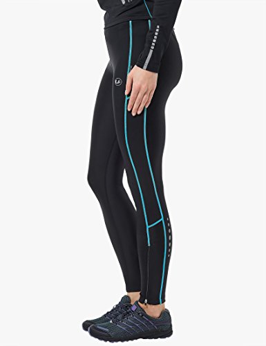 Ultrasport Pantalones largos de correr para mujer, con efecto de compresión y función de secado rápido, Negro/Turquesa, L